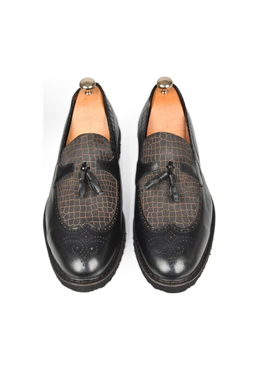 Deepsea Erkek Siyah Deepsea Lazer İşlemeli Püsküllü Yüksek Ortopedik Taban Orjinal Deri Ayakkabı 2509981 Siyah