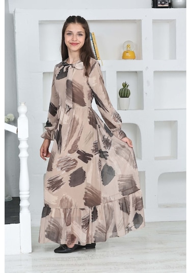 Genç Kız Pamuk Astarlı Şifon Kumaş Uzun Tam Boy Tesettür Elbise Vizon