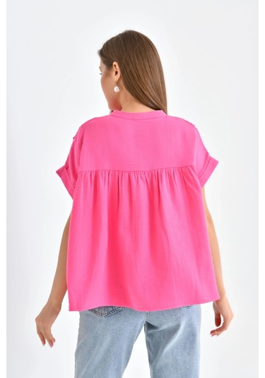 Dantel Detay Kısa Dokuma Bluz FUŞYA