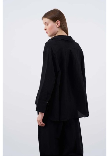 Kadın Keten Gömlek-pantolon Alt Üst Takım Siyah