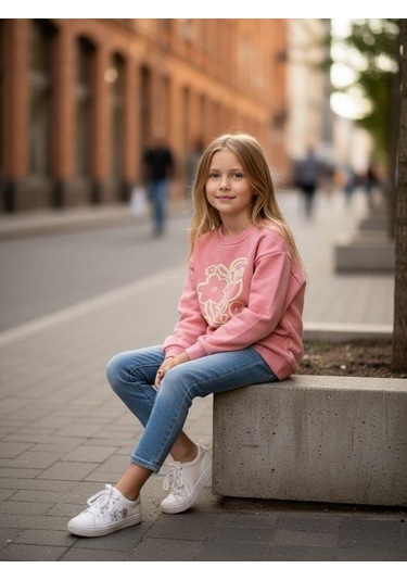 Kız Çocuk Pamuklu Çiçek Desenli Sweatshirt-16337 Pembe