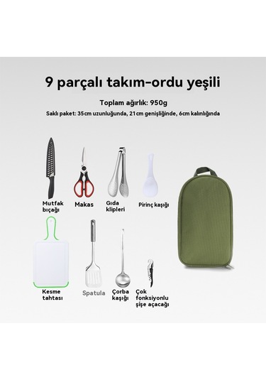 Açık Ocak Dokuz Parçalı Kamp Barbekü Paslanmaz Çelik Kesici Kesme Tahtası Ordu Yeşil 9 Parça Seti Yeşil