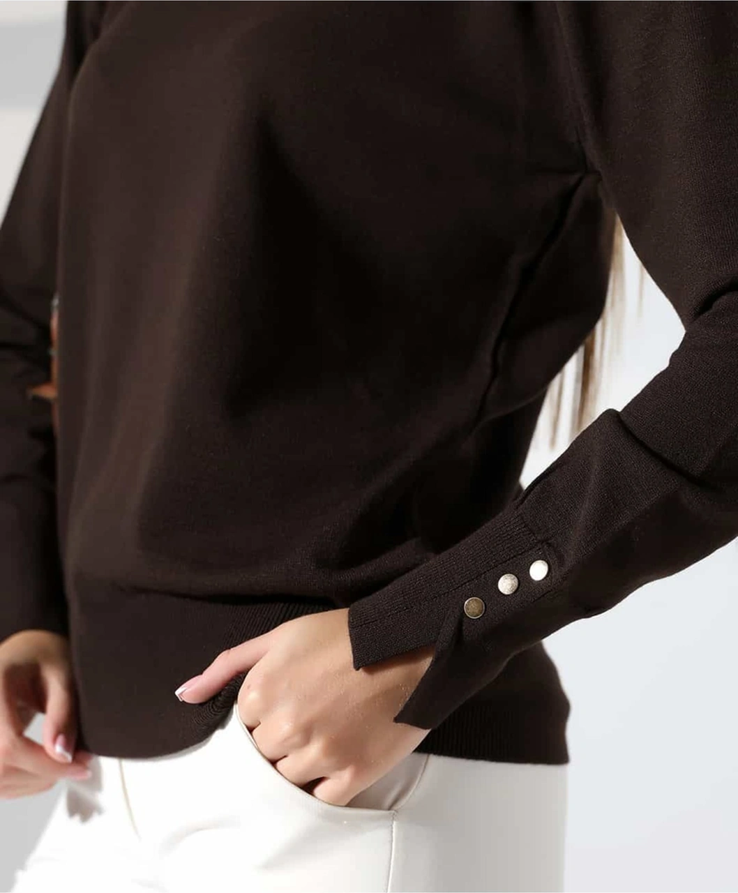 Gündelik Şıklık Kol Düğme Detay Triko Kazak Kahverengi