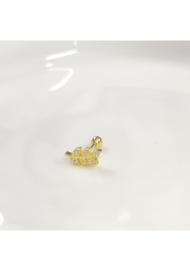 Başak Yaprak Gümüş Tragus Pıercıng - Altın Sarı Beyaz