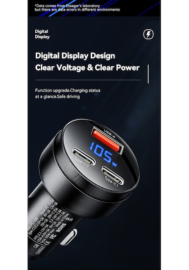 105w Araç Şarjı Type-c+usb Üç Giriş Hızlı Pd Ce Lisanslı Dijital