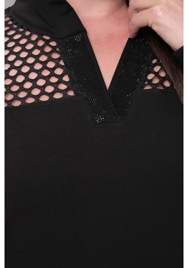 Yakası Taşlı File Detaylı Sweatshirt Siyah