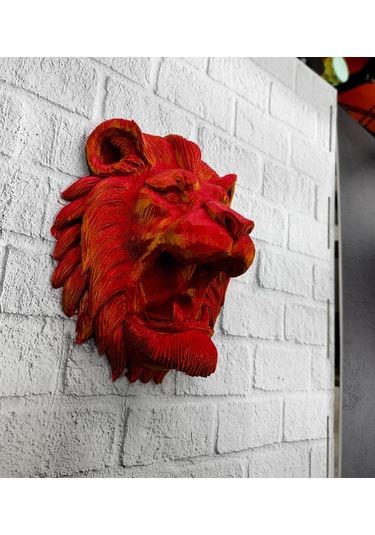 Dekoratif Asılabilir Aslan Başı 3d Duvar Heykeli Gold Red 20x21 C