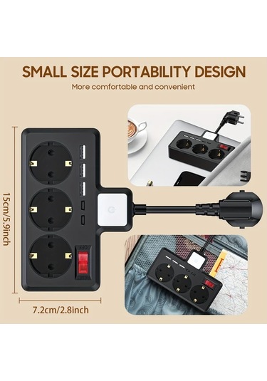 Xuweiwei 8 İnç Siyah Gece Lambası 3 Renk Ayarlanabilir Parlaklık 3 Ac Soket 3 Usb 2 Tip-c Duvar Şarj İstasyonu Ev Ofis Seyahat İçin