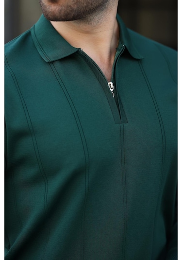 Nefti Yeşili Polo Yaka Fermuarlı Erkek Kazak E7427 Nefti Yeşil