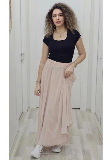 Bel Lastikli Kloş Şifon Etek 6003-pudra Pudra