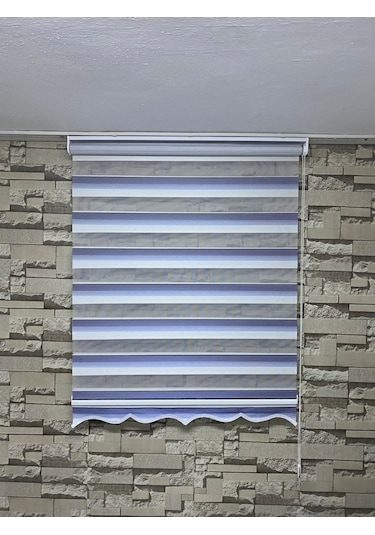 Mavi Gri Mini Plise Zebra Perde (Etekli)