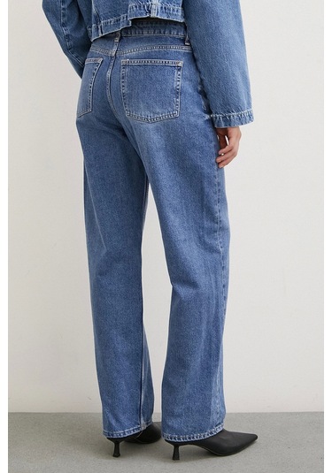 Never More Yüksek Bel Düğme Kapamalı Mom Jean Mavi Mavi