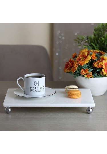 Akayev Mermer Beyaz 30x20 cm Gümüş Boncuk Ayaklı Sunum Tabağı