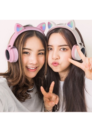 Soulader Oyun Kulaklığı Bluetooth Bağlantılı Kulak İçi Tasarım Led Aydınlatmalı Kedi Kulağı Şeklinde Yanıp Sönen Işıklı Kulaklık