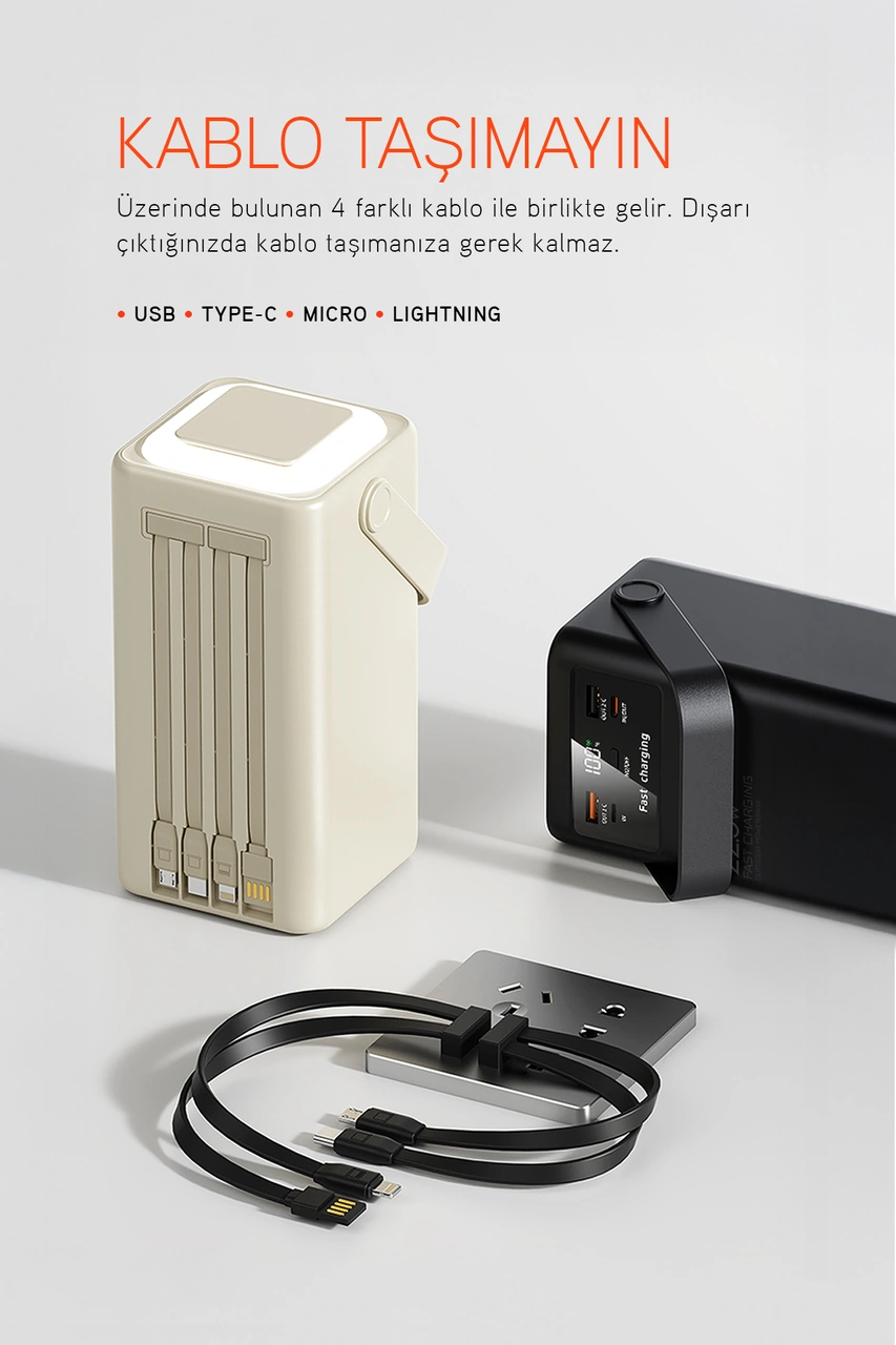 Powerway Pd80 Kamp Powerbank Gerçek 80.000 Mah Pd 22.5w Hızlı Şarj Led Fenerli Ve Dahili Kablolu Siyah