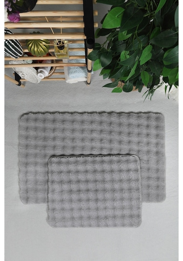 Modern Bubble Yıkanabilir Kaymaz Peluş Banyo Paspası Halısı 2'li Klozet Takımı 50x80-50x40cm Gri