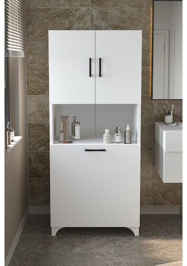 Bofigo Çok Amaçlı Dolap Banyo Dolabı Kirli Çamaşır Sepeti Dolabı Damla Beyaz Beyaz