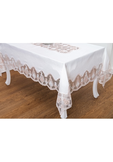 Finezza Sofia Lüx Dantelli Simli Keten Kumaş Krem Masa Örtüsü 160x220 Cm 1475