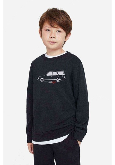 Araba Tofaşk Baskılı Unisex Çocuk Siyah Sweatshirt Siyah