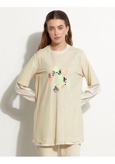 Baskılı Katmanlı Sweat-krem Krem