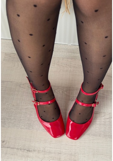 Karmi Kırmızı Rugan Topuklu Kemerli Ayakkabı Kırmızı