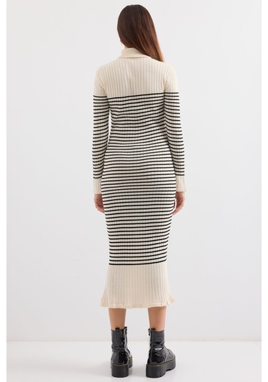 Bigdart 15893 Çizgili Uzun Triko Elbise - Ekru 001