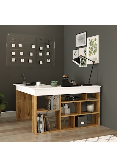 Robinhome Robin Home Boston Kitaplık Raflı Çalışma Masası L Masa Ofis Çalış Beyaz