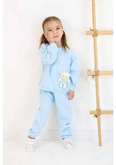 Kız Çocuk Orta Kalınlıkta Ayıcık Oyuncaklı Eşofman Takımı Mavi