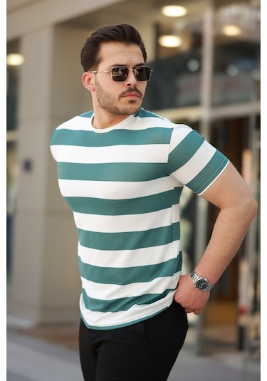 Erkek Çift Renk Pamuklu Örme Kumaş Kısa Kollu T-shirt Yeşil