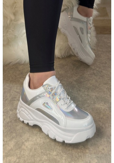 Günlük Kadın Spor Ayakkabı Yüksek Kalın Taban 6 Cm Suni Deri Sneaker 001 Beyaz Hologram