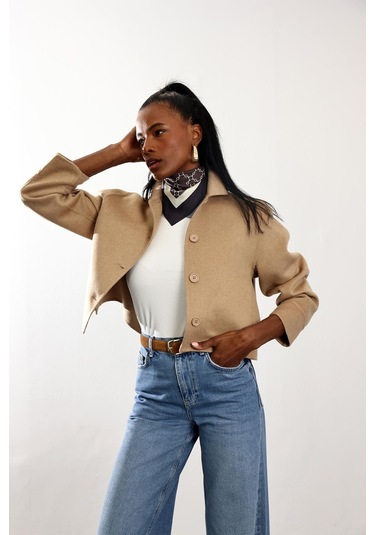 Camel Gömlek Yaka Kısa Yün Ceket CAMEL