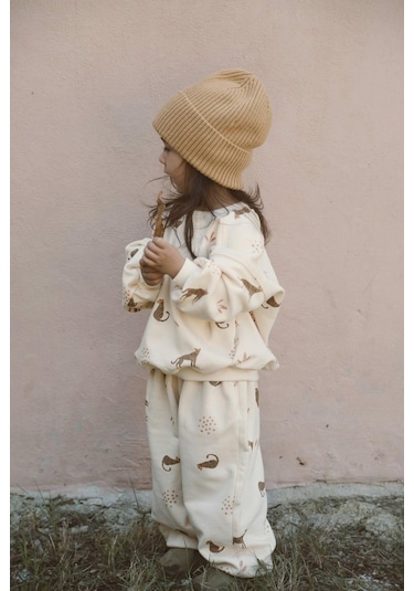 Leopar Baskılı Eşofman Takımı Krem