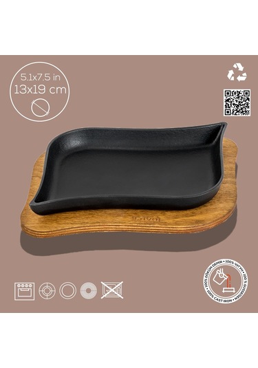 Lava Döküm Dikdörtgen Servis Tabağı Ve Ahşap Altlığı. Ölçü 13x19cm.