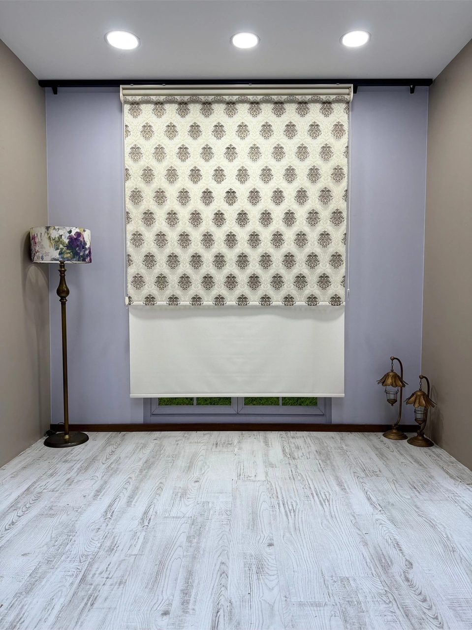 Kahverengi Damask Desenli Çift Mekanizmalı Tül Ve Stor Perde - Simli Kumaş, Simli Stor Perde Kahverengi