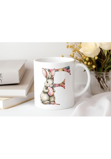 F Harfli Tavşan Kupa - Patchwork / Yamalı Desenli İsme Özel Kupa - Pastel Vintage Tarz Hediyelik Beyaz