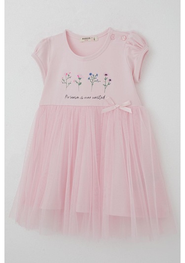 Breeze Kız Çocuk Elbise Çiçek Baskılı Tüllü Fiyonk Detaylı 1.5-5 Yaş, Pembe Pembe