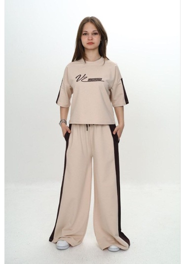 Kız Çocuk %100 Pamuk London Baskılı Oversize Garnili Truvakal Kollu Eşofman Takımı-293-eşt-0010 Bej