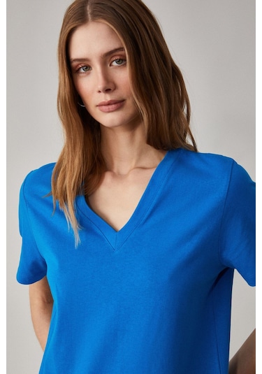 GRIMELANGE Alıne Kadın %100 Organik Pamuk Derin V Yakalı Comfort Fit Parlament Mavi T-shirt Parlament Mavi Saks Mavisi