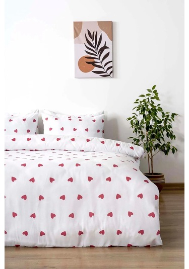 Kırmızı Kalpli Tek Kişilik Nevresim Takımı Pamuklu Beyaz