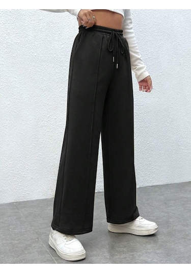 Kallima Siyah Çimalı Yüksek Bel Bol Paça Mevsimlik Eşofman Altı Siyah