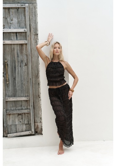 Sofi Transparan Kahve Crop Etek Takım Kahve