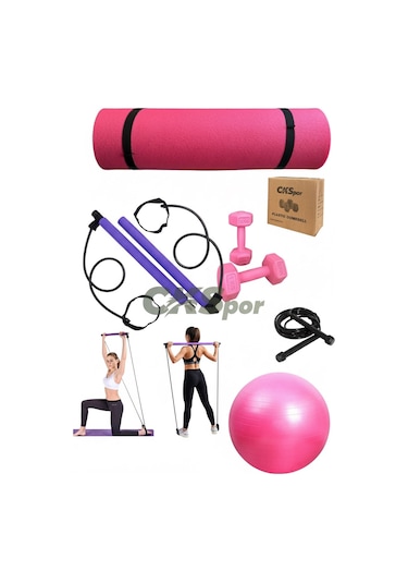 5 Li Pilates Seti 10mm Pilates Matı + Studio Topu + 1kg X2 Dambıl + Atlama İpi Ev Fitness & Full Body Egzersiz Seti Pembe