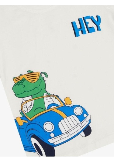 Erkek Bebek Pamuklu Dinazor Baskılı Şortlu Takım-14579 Beyaz