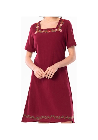 Kısa Kol Şile Bezi Kare Yaka Narin Kısa Yazlık Elbise Bordo Brd-bordo Bordo