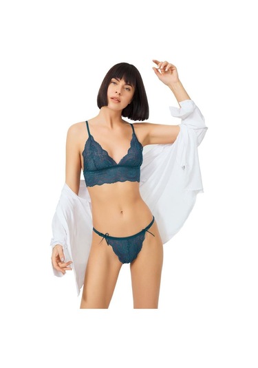 Tenan Yeşili Dantelli Transparan Balensiz Kadın Sütyen Takımı Tenan Yeşili