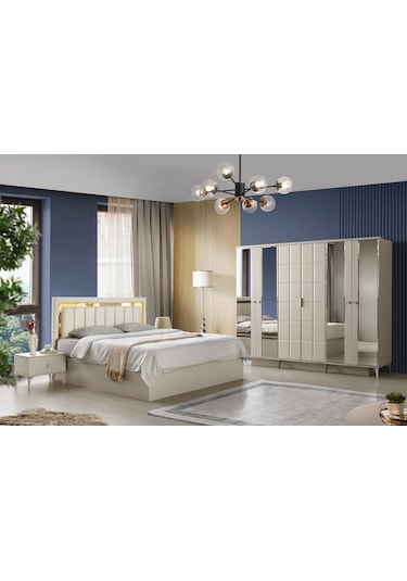 Paris Yatak Odası-mdf-kum Beji-6 Kapaklı Ve Aynalı-bazasız Traversli