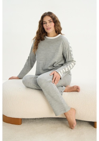 Kadın Uzun Kol Gri Mlelanj Acrylic Pijama Takım C9t0n1o61 001
