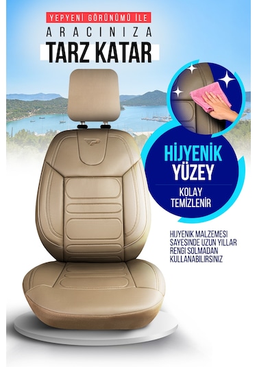 Bej - Bej Panda Rodos Serisi Deri Ortopedik Oto Koltuk Kılıfı - Tam Set