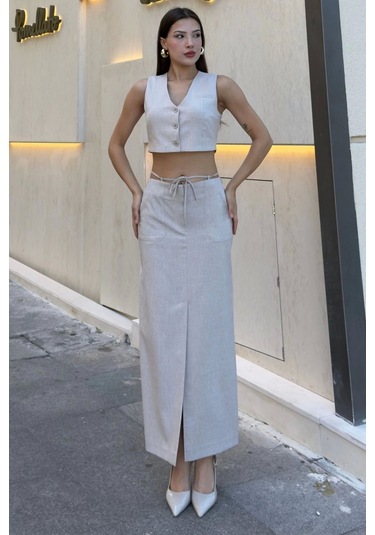 Bağlama Detaylı İkili Takım 46139-bej Bej