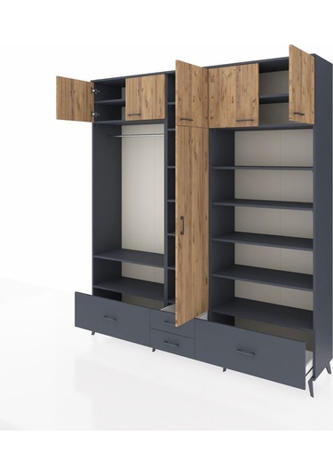 Hyperion Dolap 18 Raflı 4 Çekmeceli Tek Askılı 220x44x243 Antrasit-çam/antrasit Atlas Çam/antrasıt